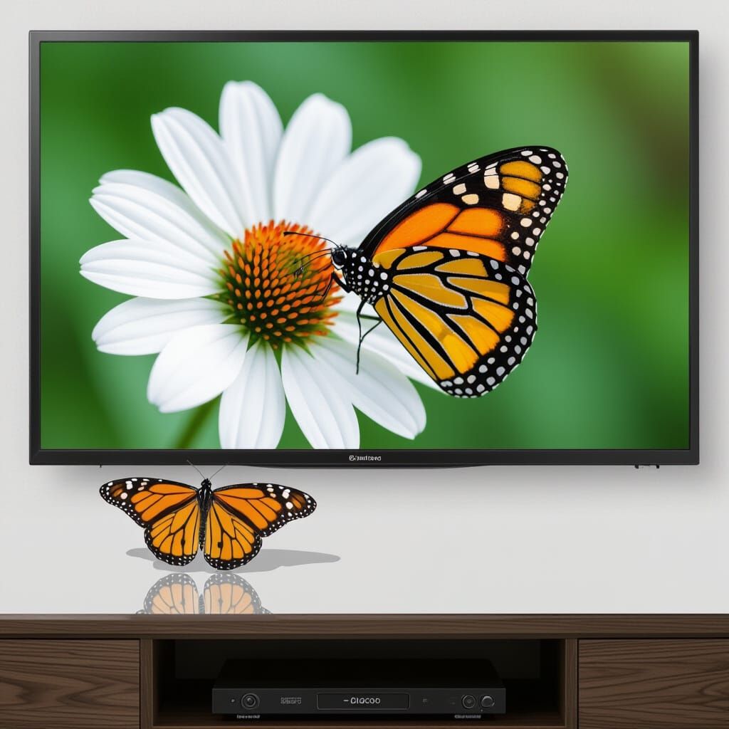 Monarch Butterfly on Flatscreen TV Displaying Flower