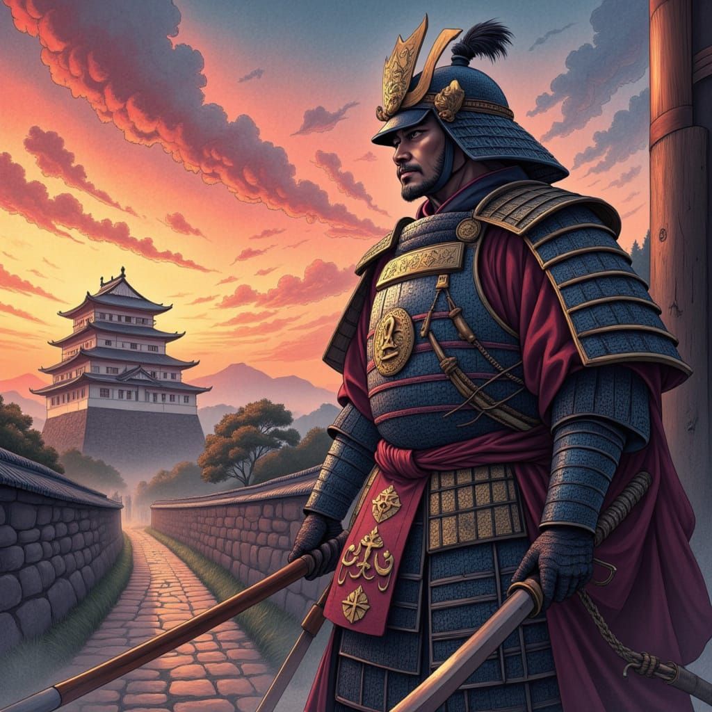 Samurai Shogun at Osaka Castle in Vibrant Sunset