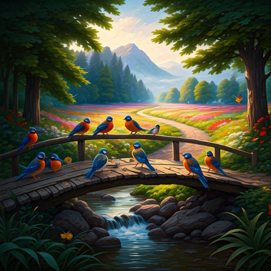 Dreamlike Birds Feast on Ancient Wooden Bridge in Enchanting...