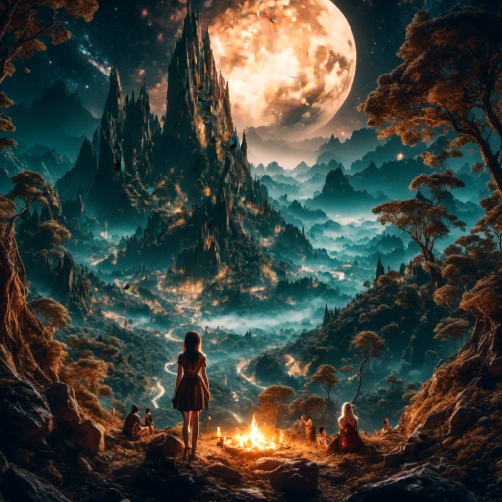 Elven Beauty Under Starry Night in a Valley Watched by Orcs