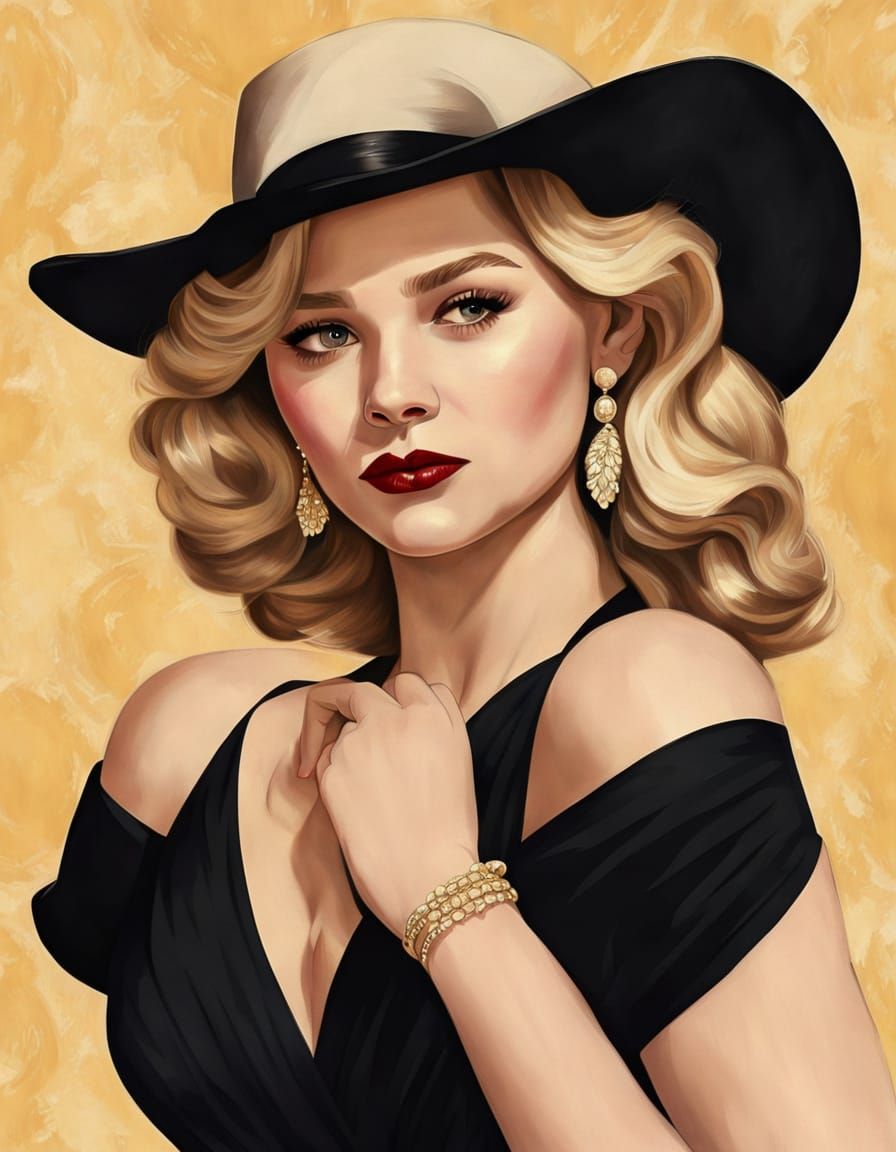 Vintage Pin Up Girl in Honey Blonde Hair and Black Dress
