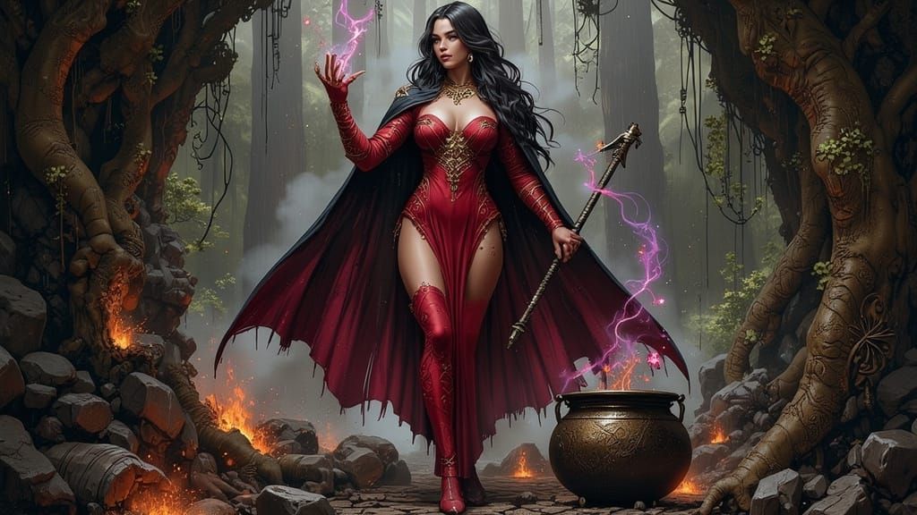 Red Sorceress Casting Spells in Mystical Cave