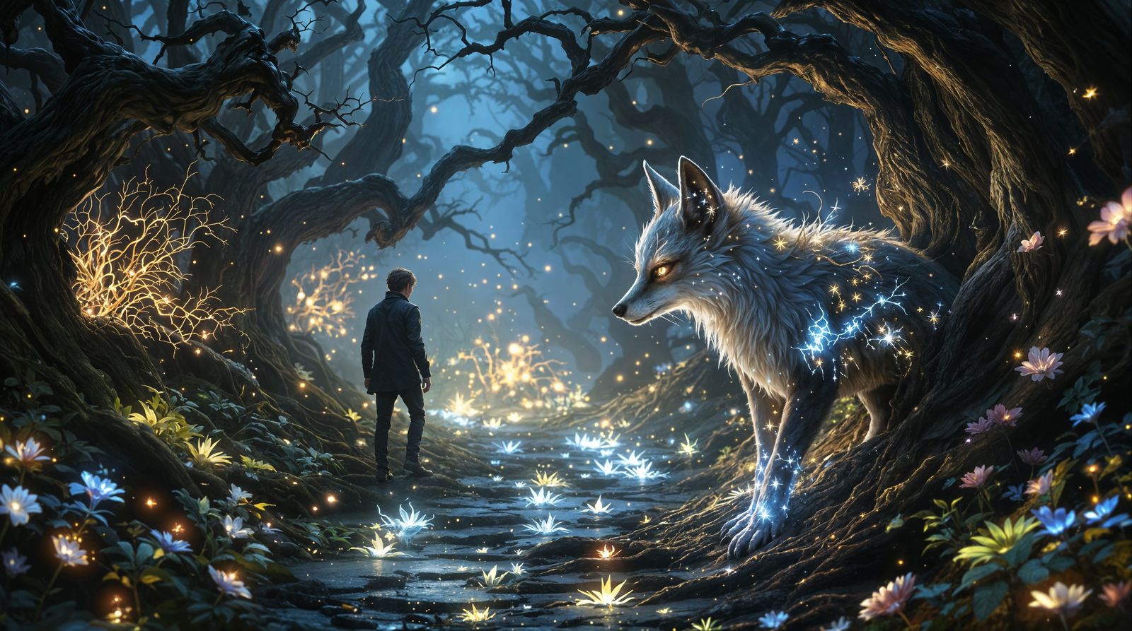Mystical Fox Guides Through Glowing Woodland