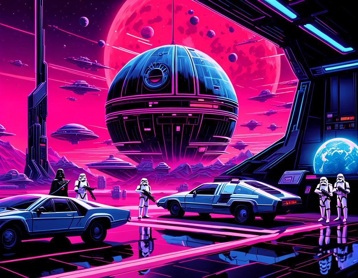 Darth Vader and Stormtroopers at a Neon Cosmic Gas Station N...