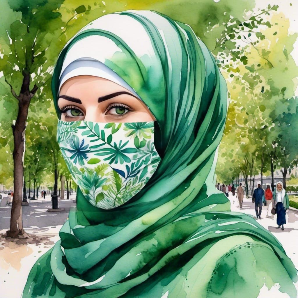 Watercolor Portrait of Woman in Hijab and Mask