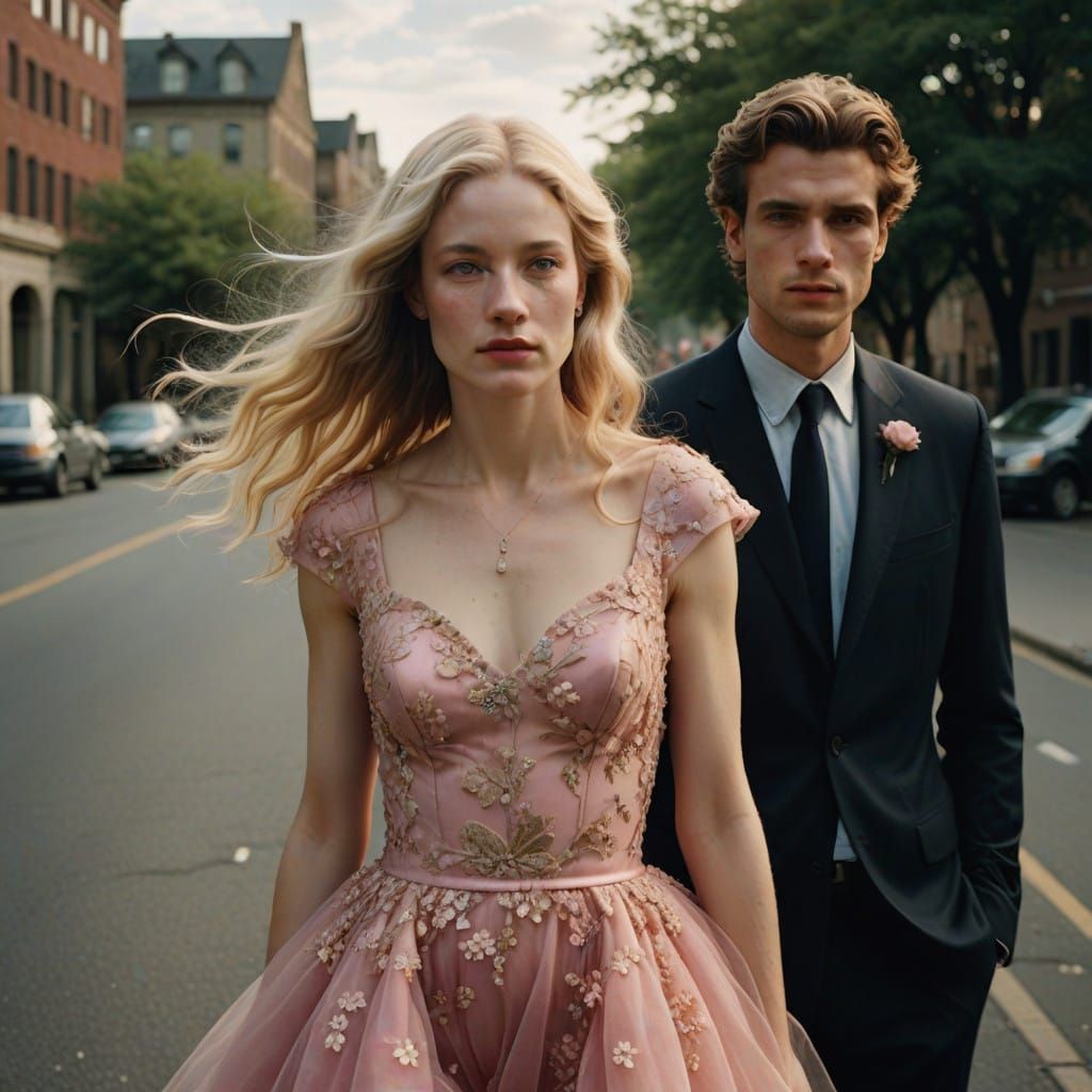 Elegantly Dressed Young Man Stuns in Prom Dress with Blonde...