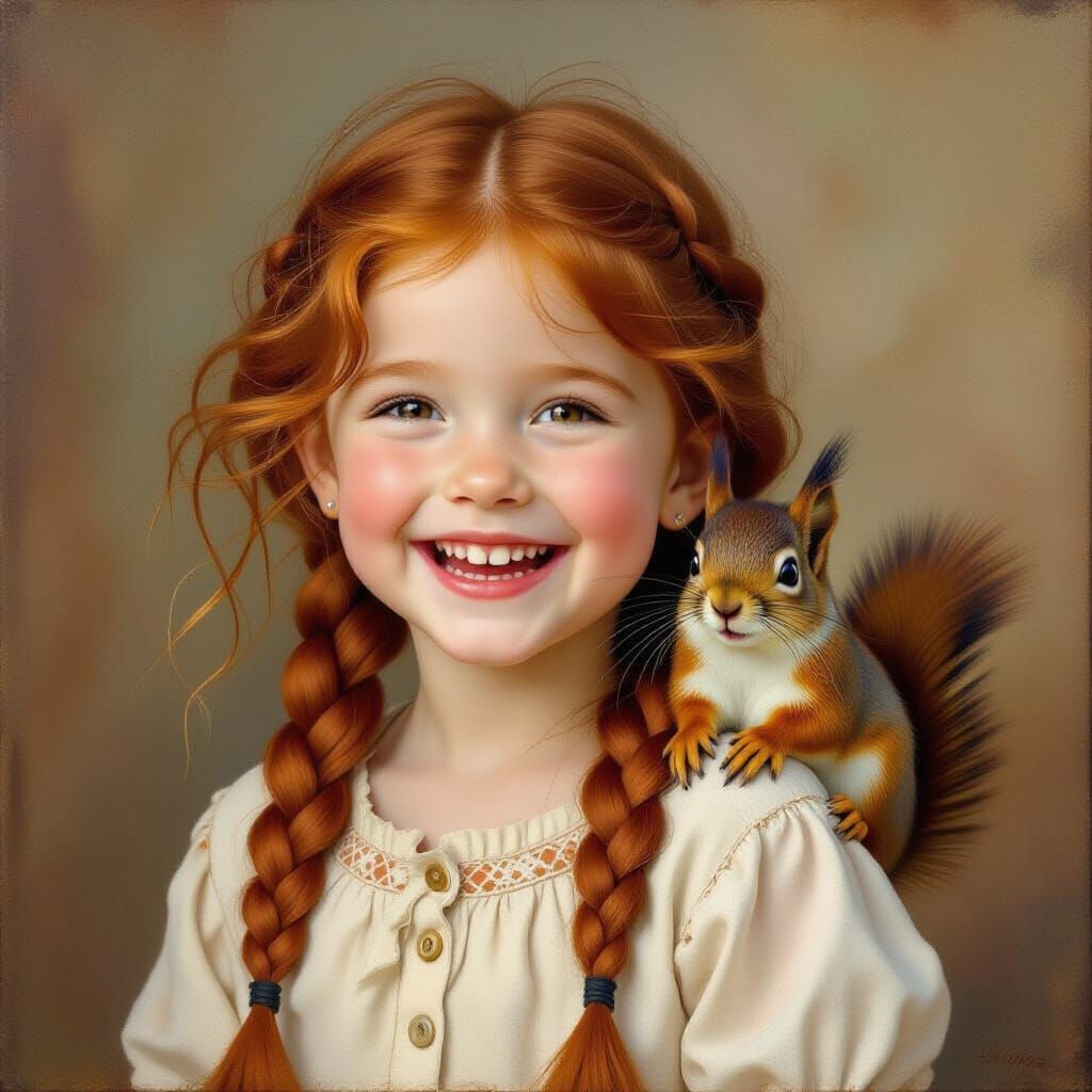 Girl with Squirrel: Impressionistic Oil Painting