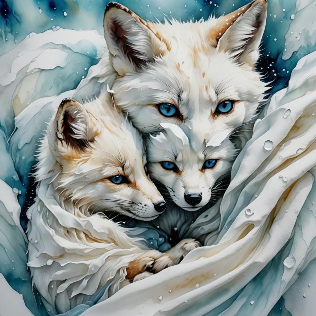 Intimate Snowy Moment between a Baby and a White Fox