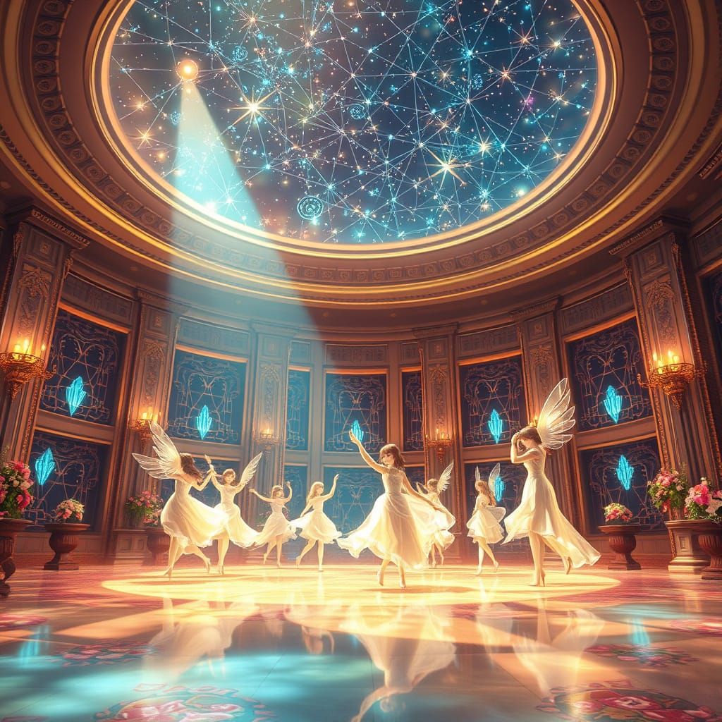 Envision a grand anime ballroom scene where ethereal spirits waltz beneath a starlit sky, their forms shimmering with ot...