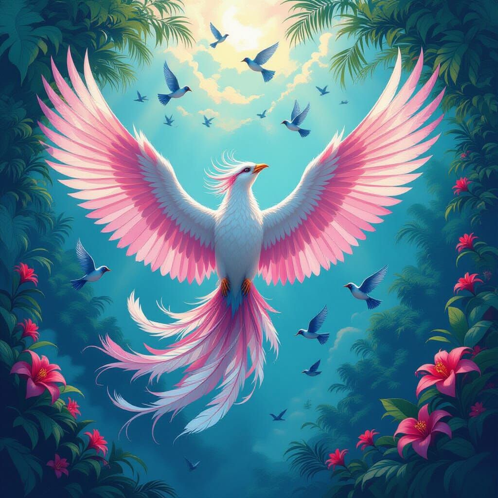 Mythical Phoenix Bird in Vibrant Tropical Forest