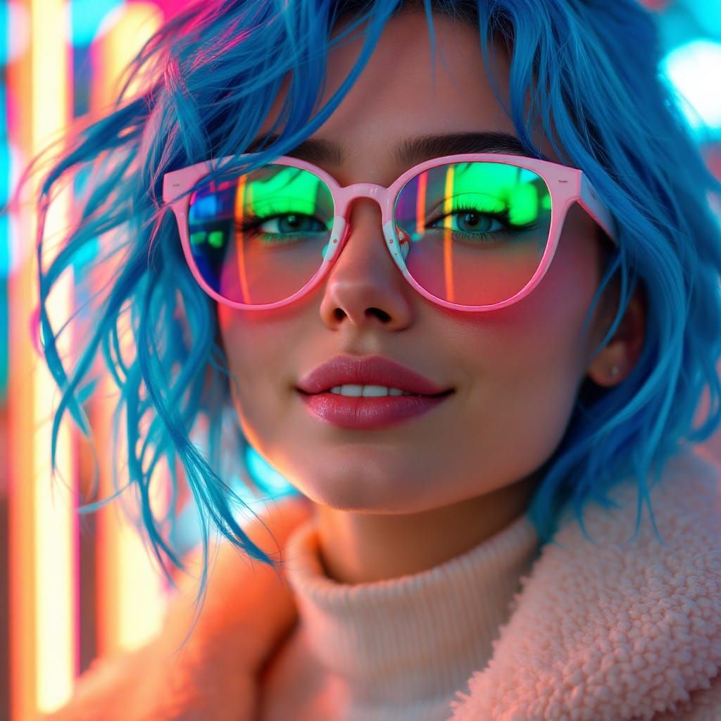 Semi-Realistic Futuristic Girl with Electric Blue Hair and N...