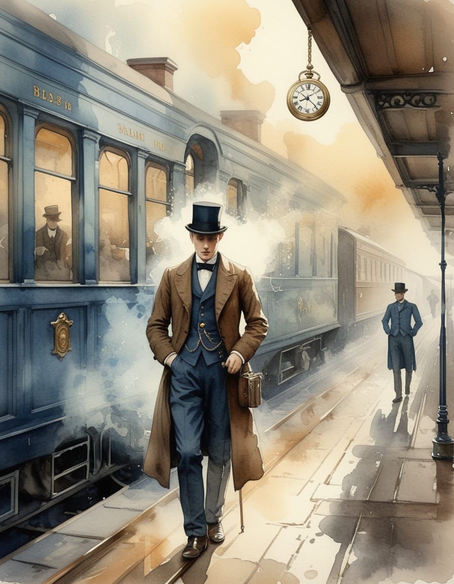 Edwardian Gentleman Reflects on Time in Whimsical Watercolou...