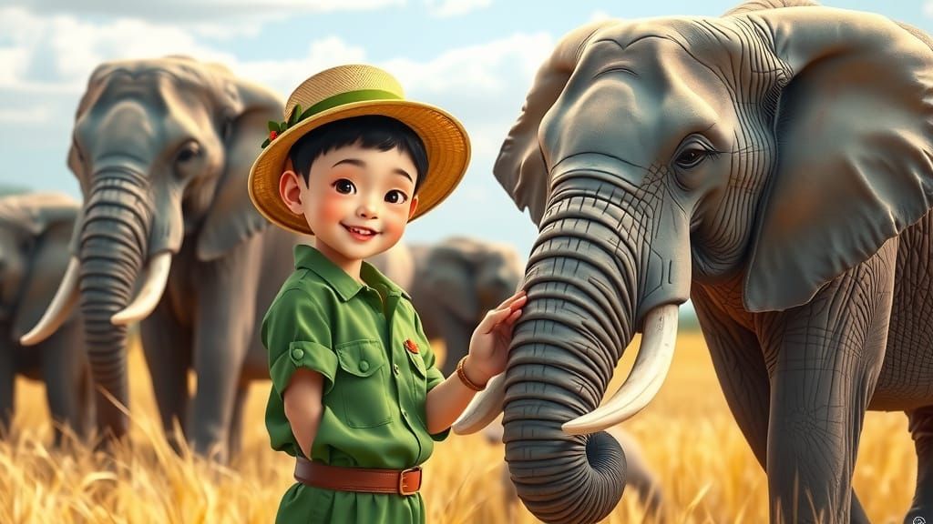 Asian Girl in Wonder with Gentle Elephant in Serene Savanna ...