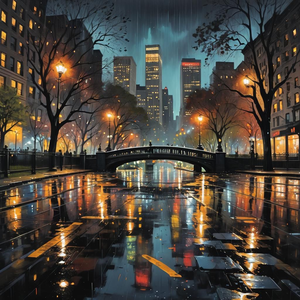 Rainy Night Cityscape in Vibrant Graffiti Art Style
