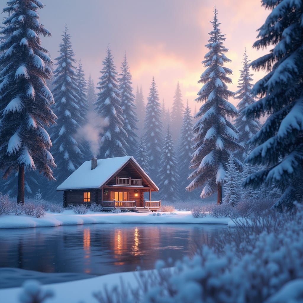 Serene Winter Scene with Snow-Covered Forest and Cozy Cabin