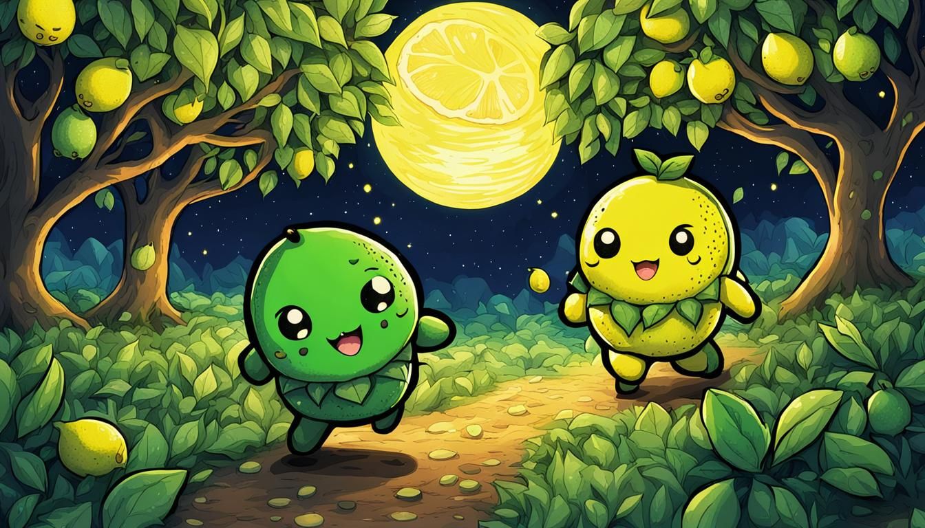 Vibrant Chibi Citrus Friends Stroll Under Starry Night Sky