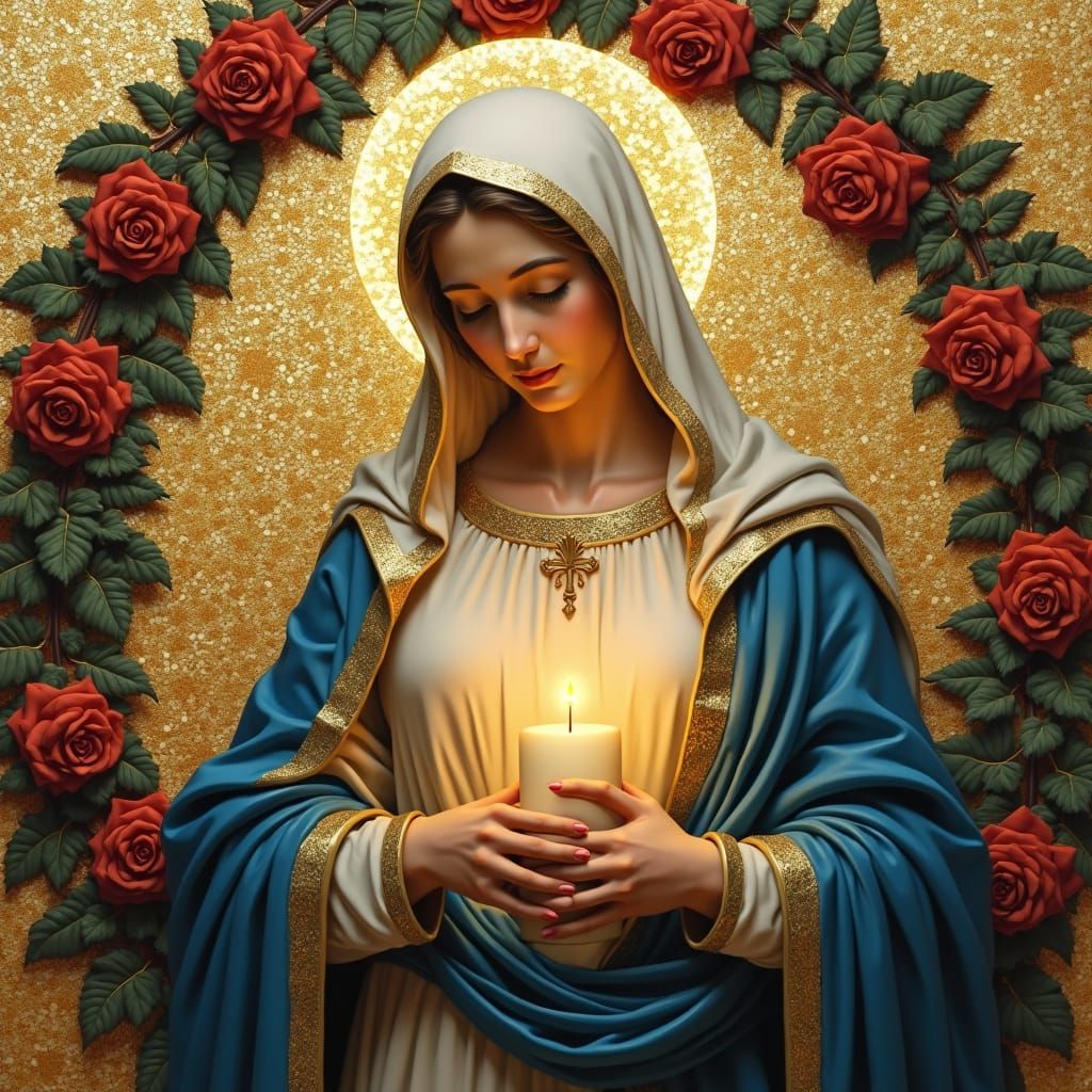 Serene Byzantine Madonna Surrounded by Roses and Gold