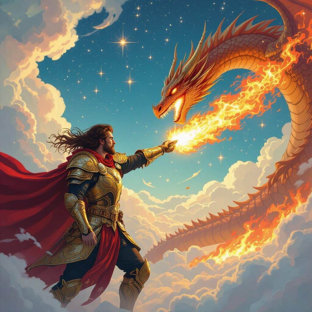 Golden Knight Battles Dragon in Sci-Fi Sky