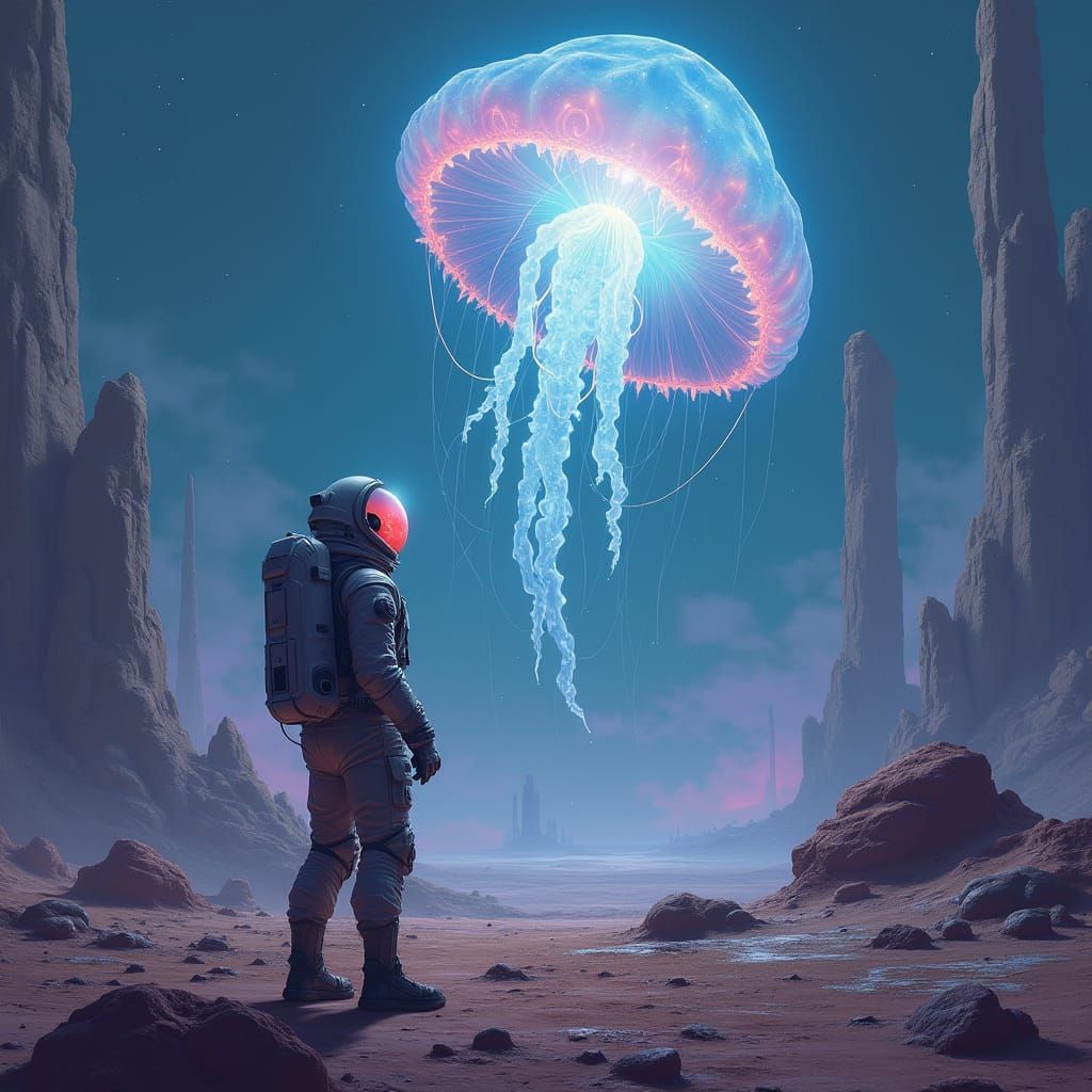 Astronaut Contemplates Celestial Jellyfish on Alien World