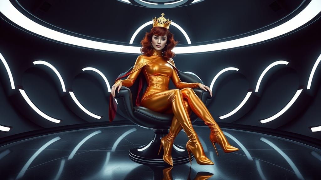 Elegant Futuristic Queen in Metallic Latex Attire