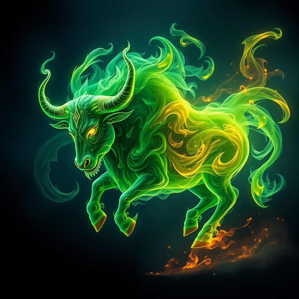 Majestic Green Flame Bull Zodiac Symbol