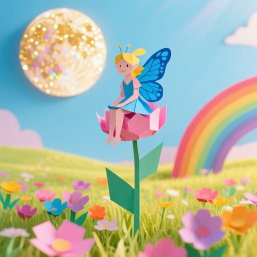 Paper Fairy on Pink Flower in Sunlit Rainbow Meadow