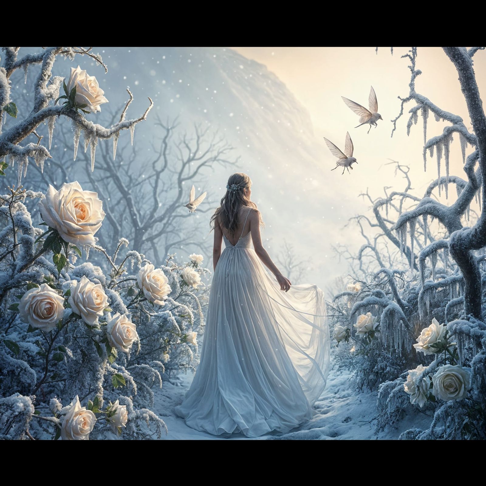 Enchanted Winter Garden with Ice Roses, Fantasy Art