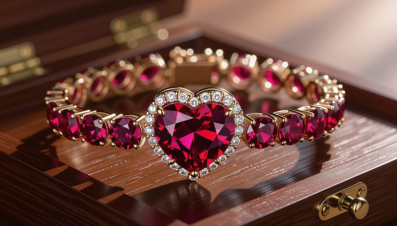 Regal Ruby and Diamond Heart Bracelet in 3D Style