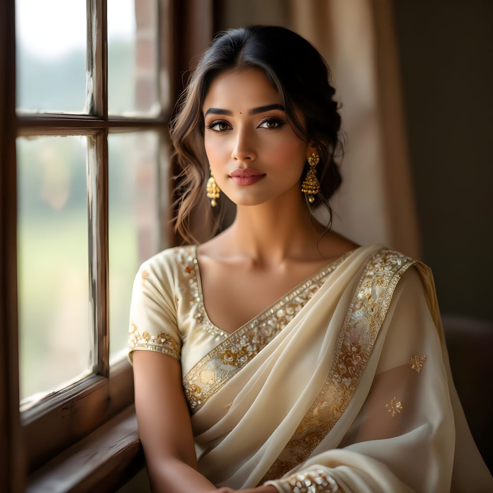 South Asian Woman in Cream Saree: Hyperrealistic Portrait
