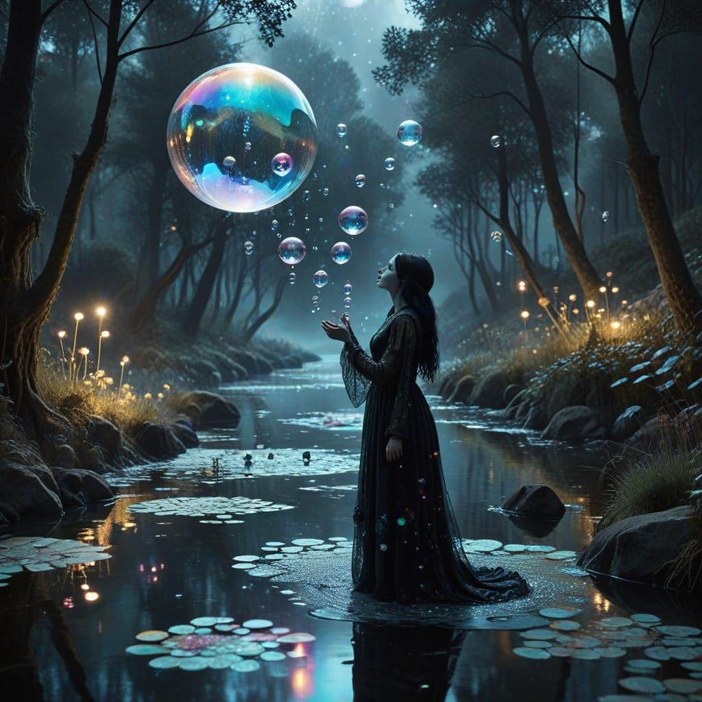 picture a lone punk plaid clad goth woman standing knee-deep in a crystal-clear river, blowing iridescent bubbles that...
