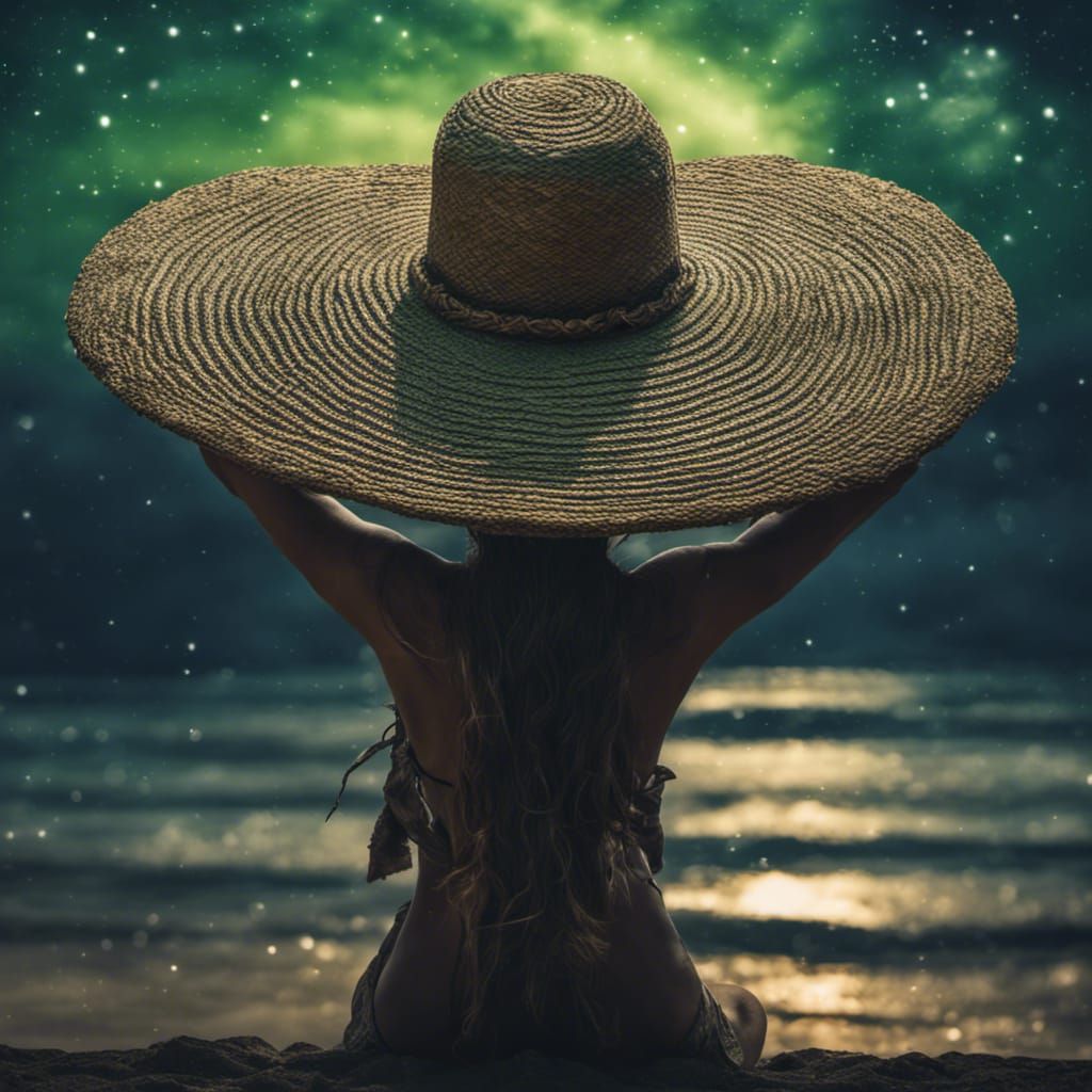 Stylized Straw Hat, Elegantly Framed by the Night Sky