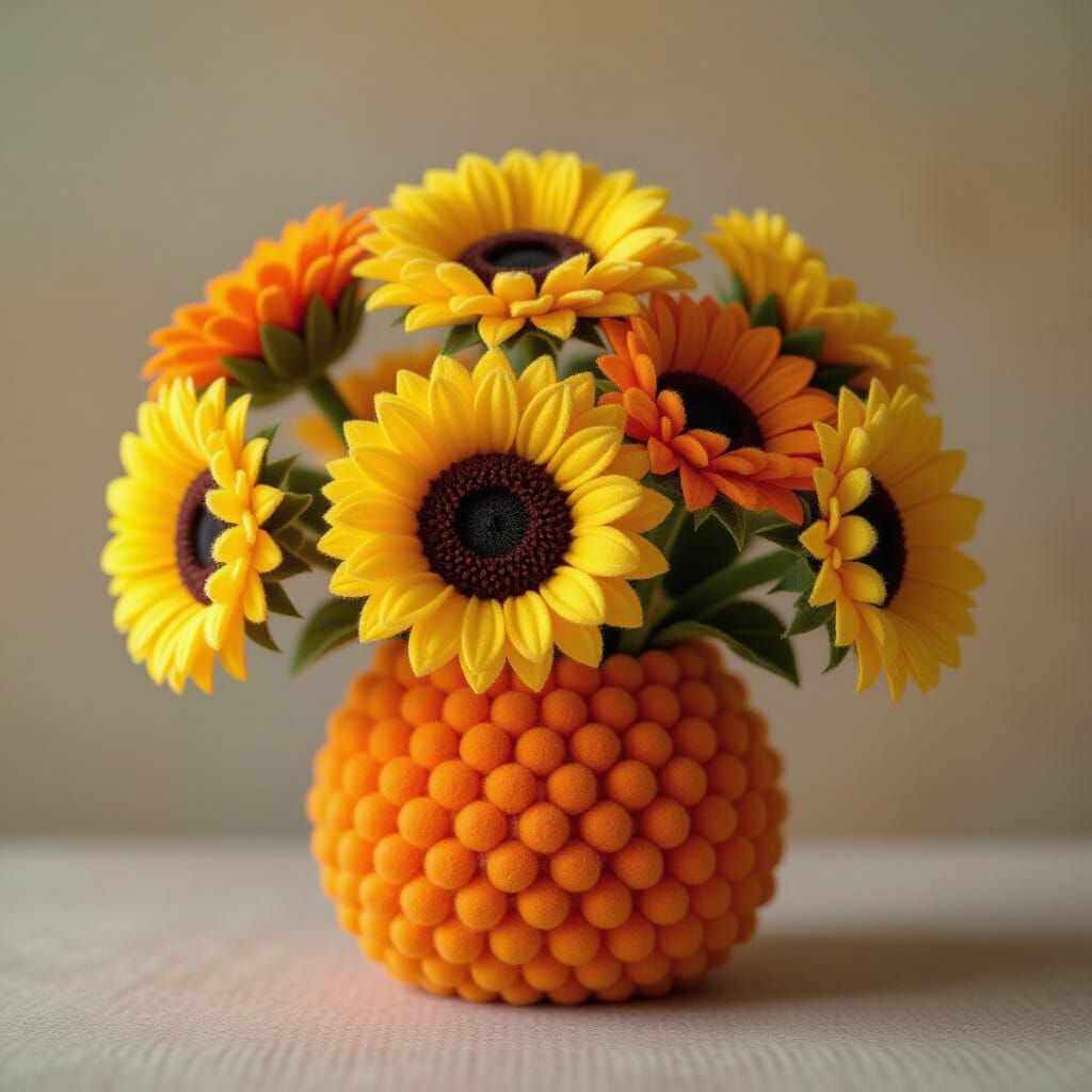 Pom Pom Sunflowers in Textile Craft Still Life