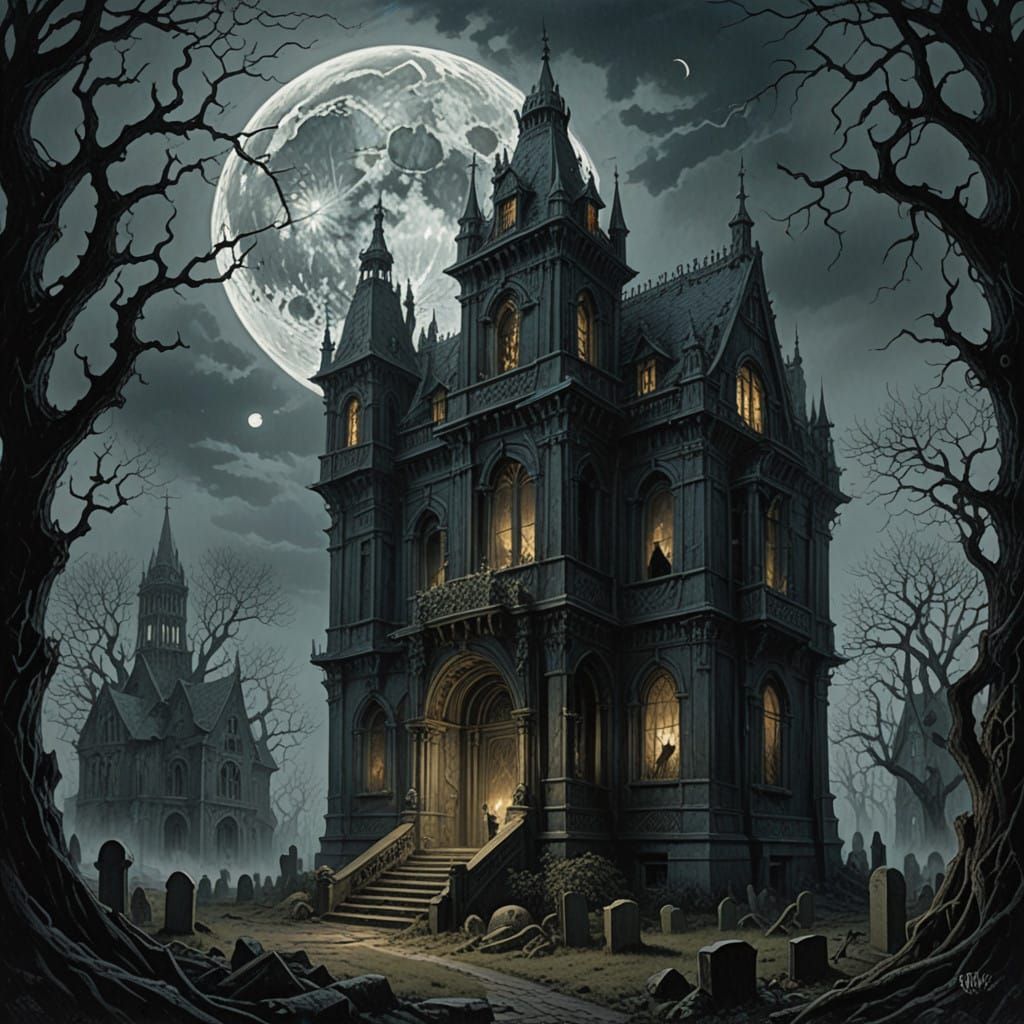 Haunted Victorian Mansion Under Full Moonlit Graveyard