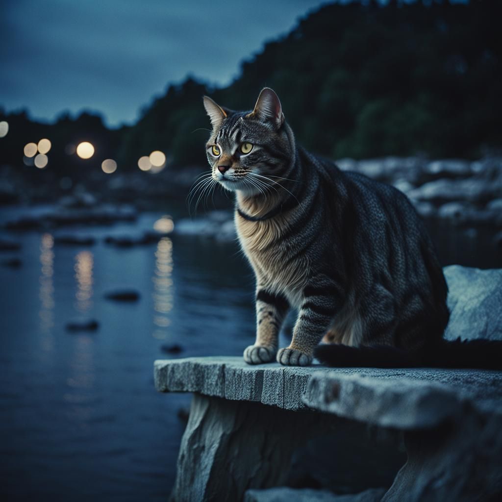 Surreal Moonlit Feline Portrait on 35mm Film in Cinematic St...
