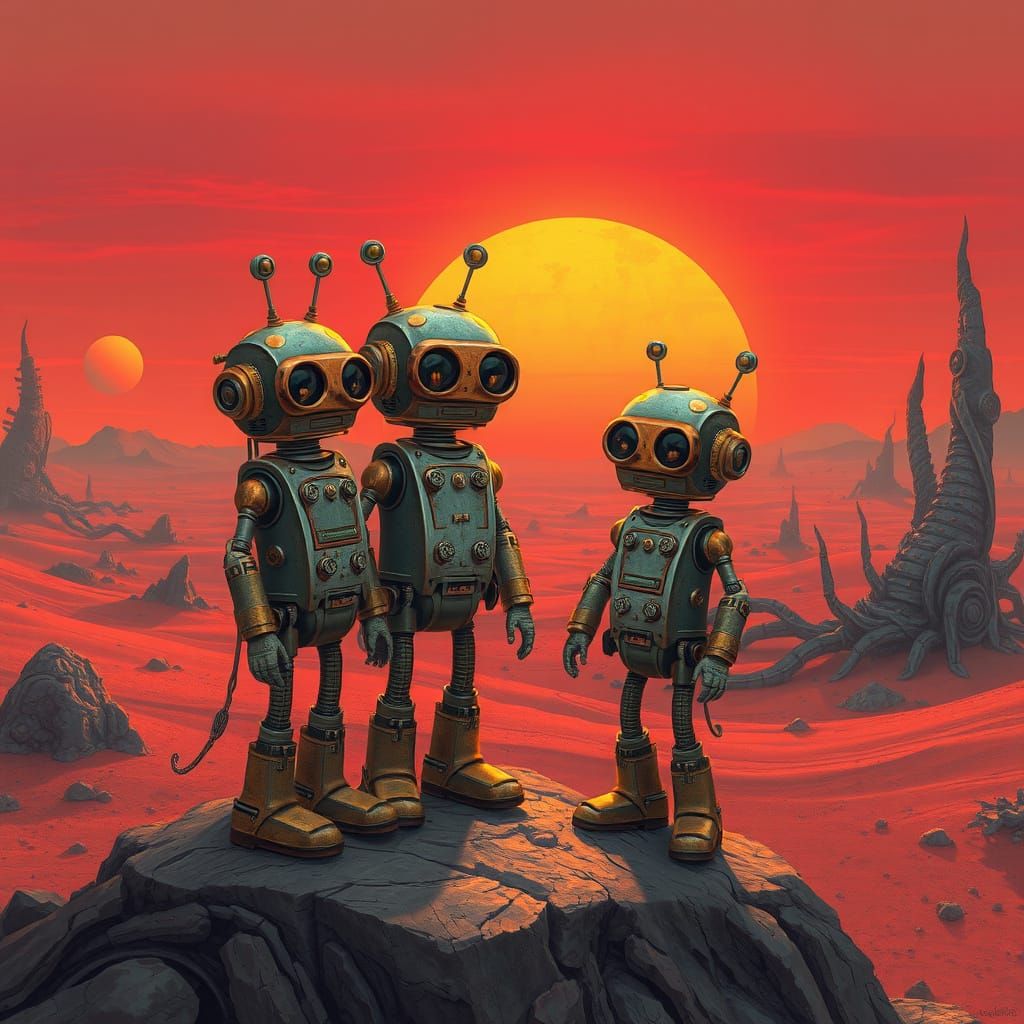 Robots on a Barren Alien World at Sunset