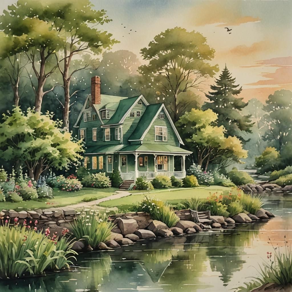 Historic New England Cottage at Dawn in Earthy Green Hues