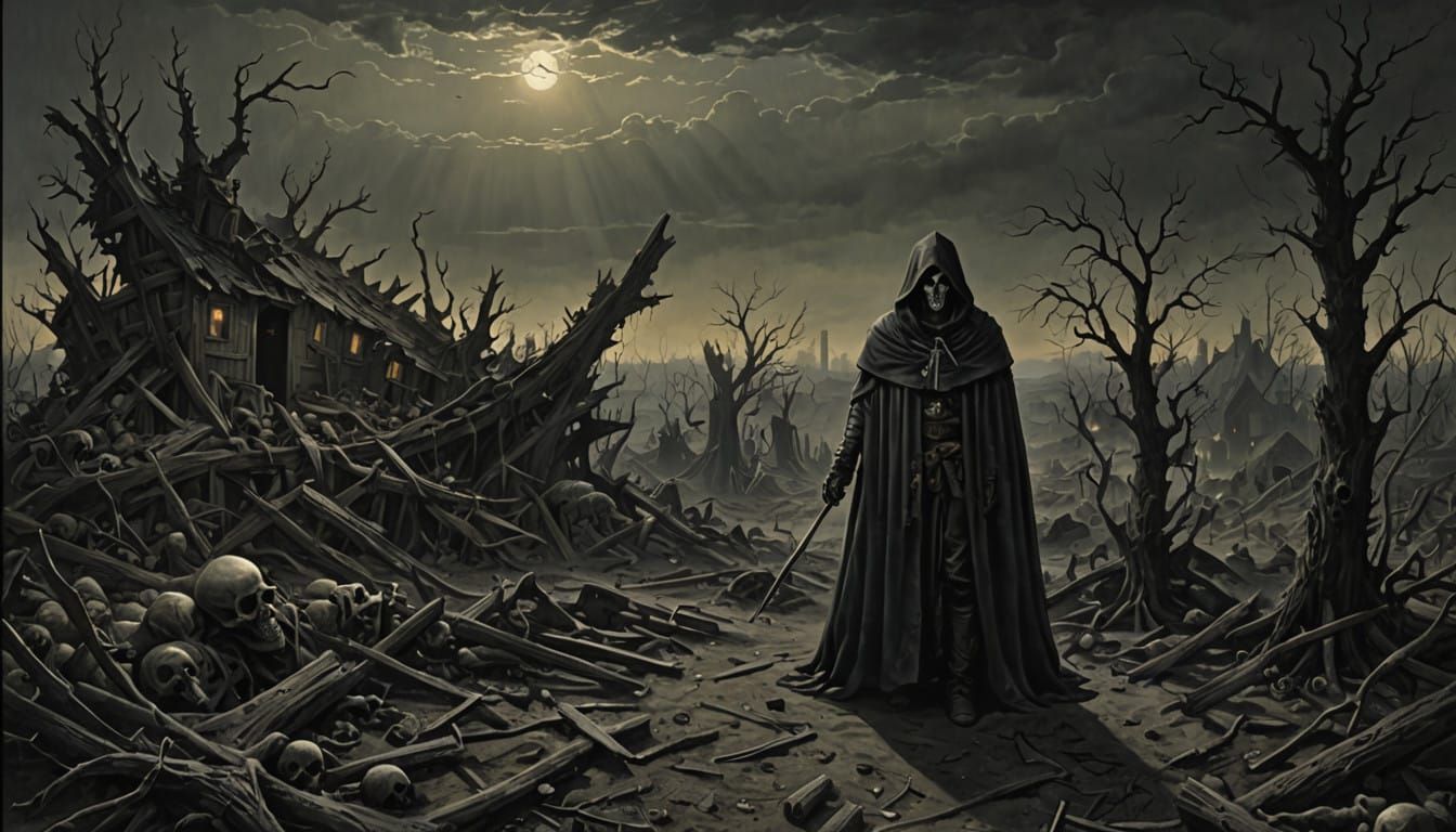 Desolate Apocalypse: Ghostly Figure Amidst Ruin and Decay