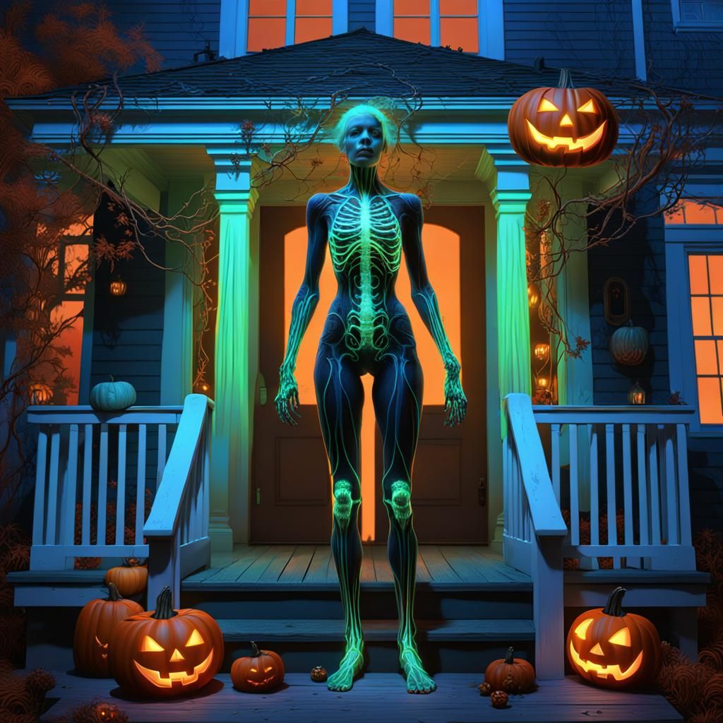 Neon Bioluminescent Woman on a Haunting Halloween Porch