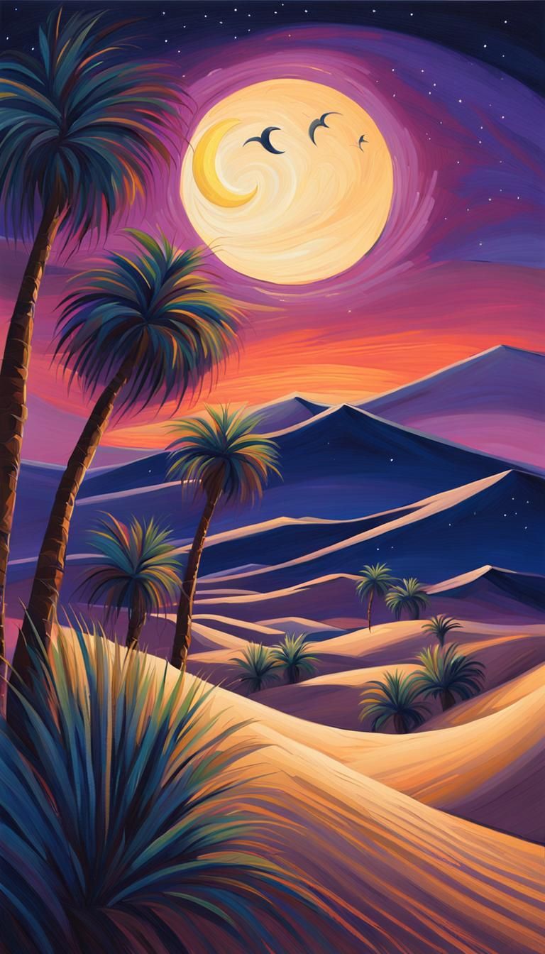 Lush Oasis Under Crescent Moonlight