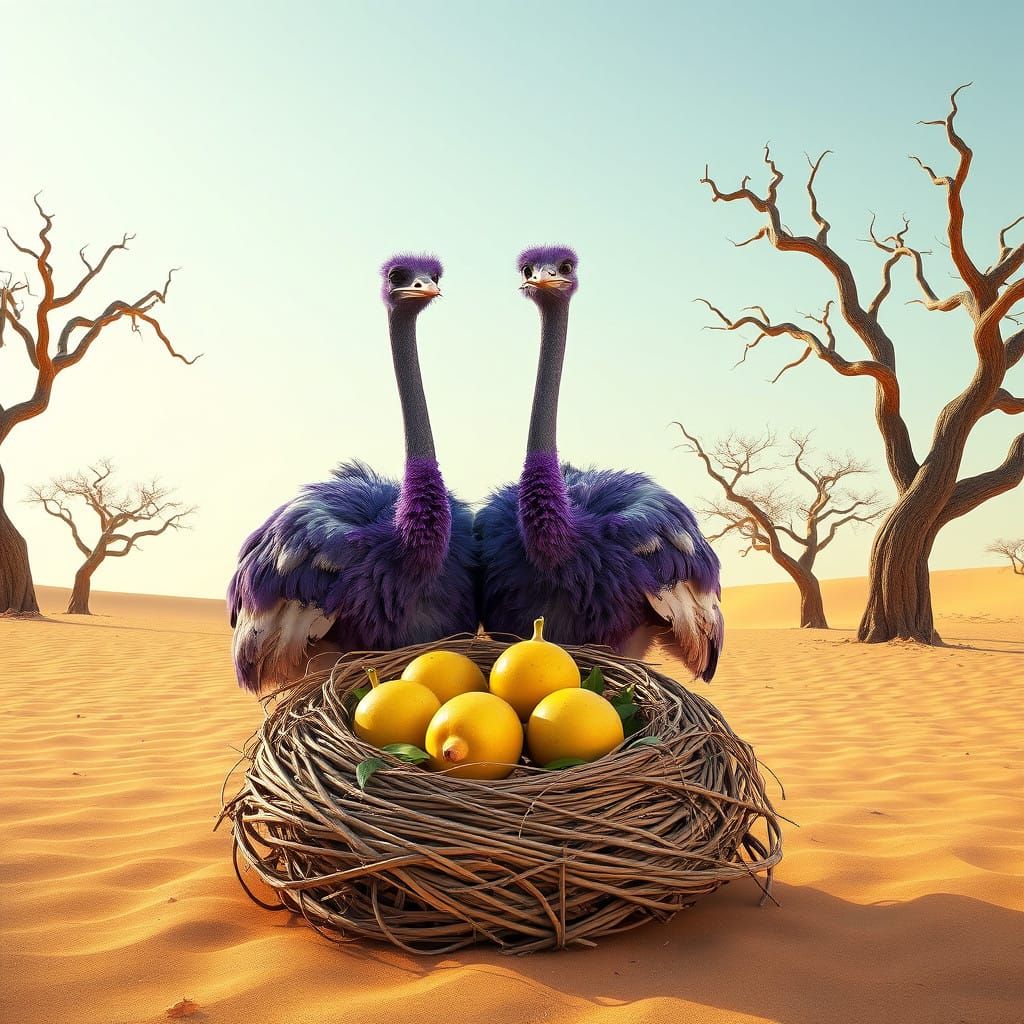 Majestic Violet Ostriches in a Fantastical Dreamland