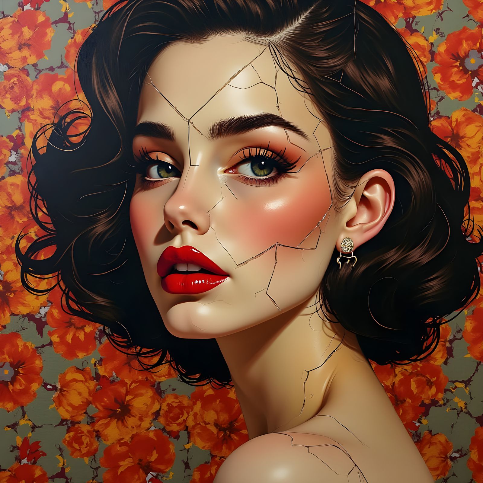 Bold Red Lips, Swirling Emotions in Cubist Art Deco Portrait