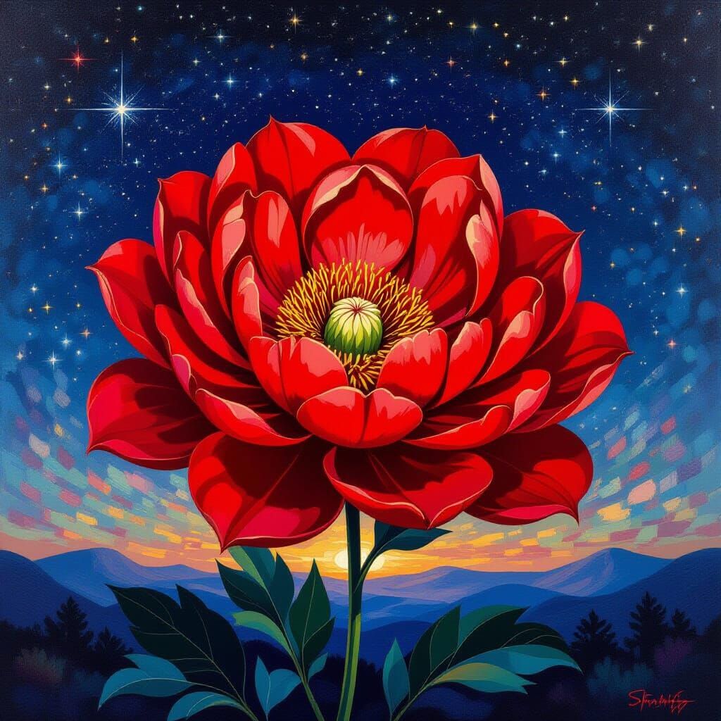 Luminous Red Flower Against Starry Night Sky in Pointillist ...