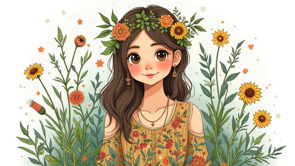 Whimsical Woman in Lush Nature Scene