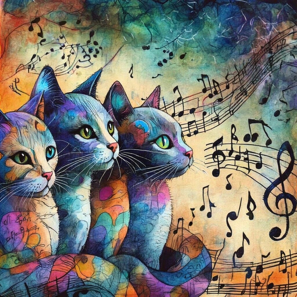 Whimsical Girl with Cats in Watercolor Dreamscape