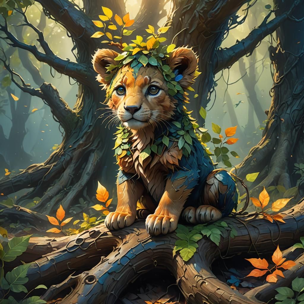 Whimsical Cub Amidst Ancient Tree Roots in Vibrant Fantasy P...