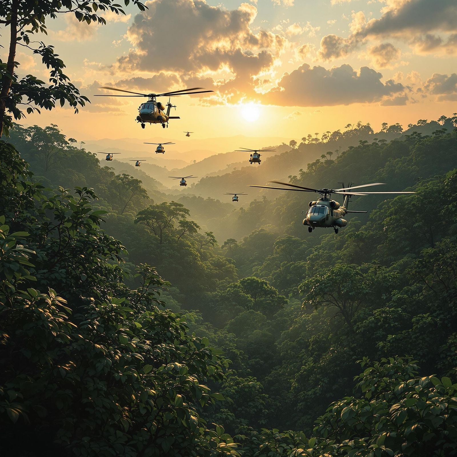 Helicopters in Low Flight Over Cambodian Jungle at Sunset