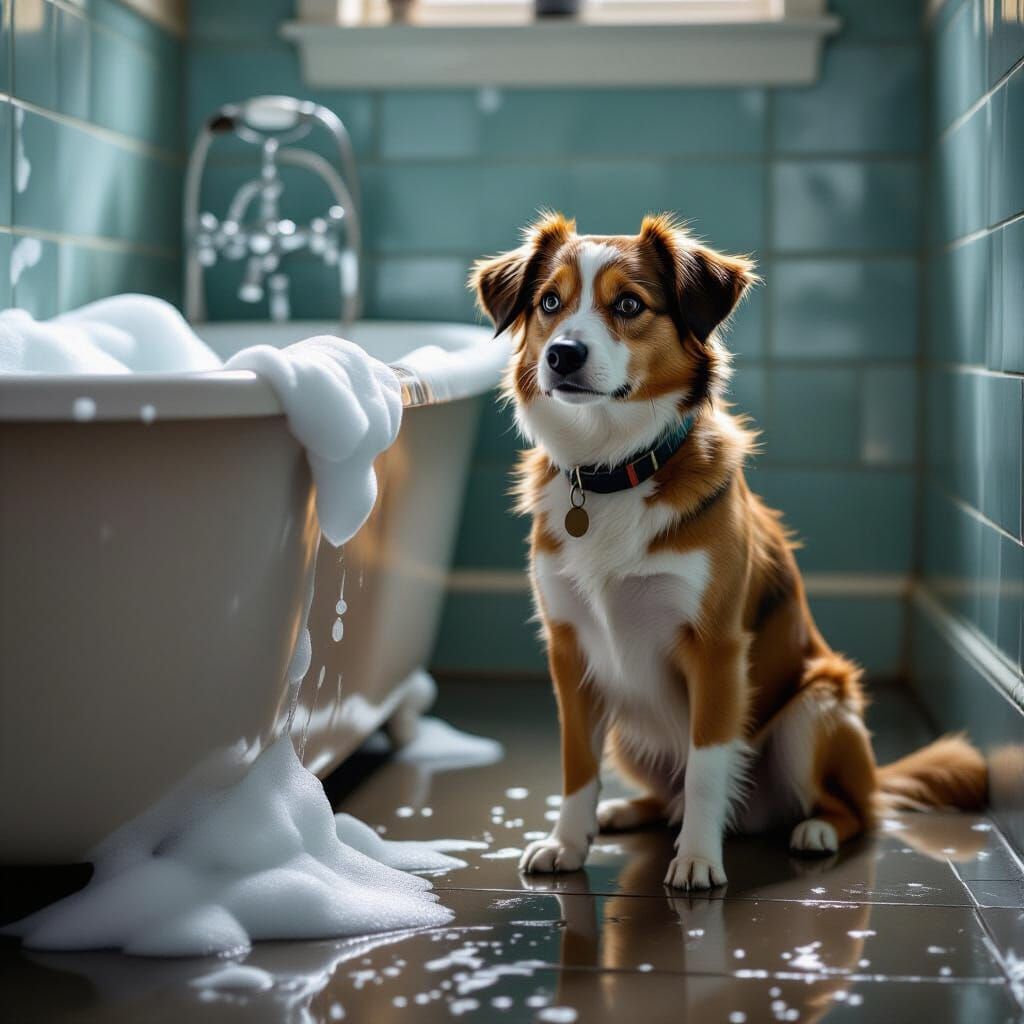 Nervous Dog by Soapy Bathtub, Photorealistic Style