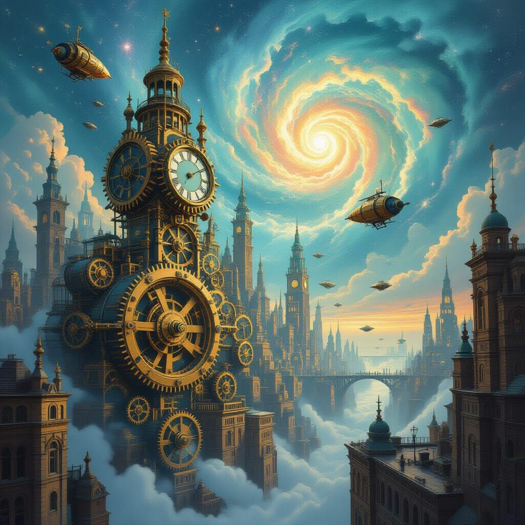 Surreal Clockwork Cityscape with Nebula Sky