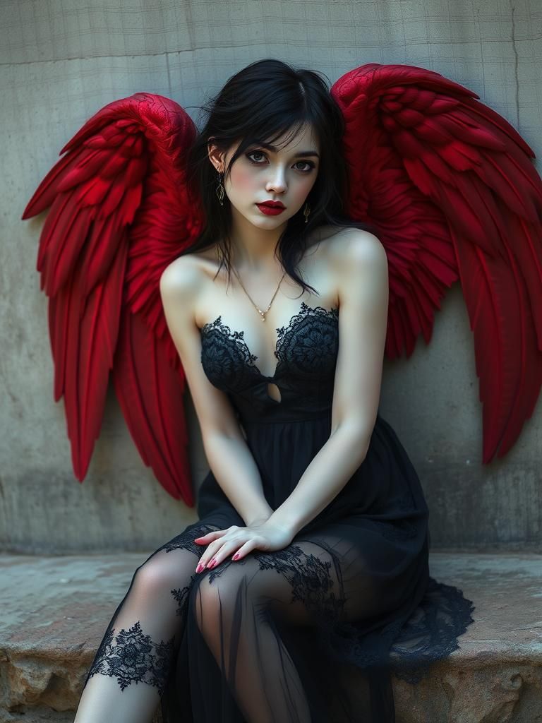 Pre Raphaelite Angel in a Gothic Lace Dress, Mournful and En...