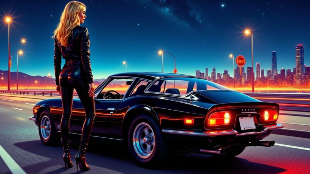 Blonde Woman Poses With Vintage Sports Car Near Neon City